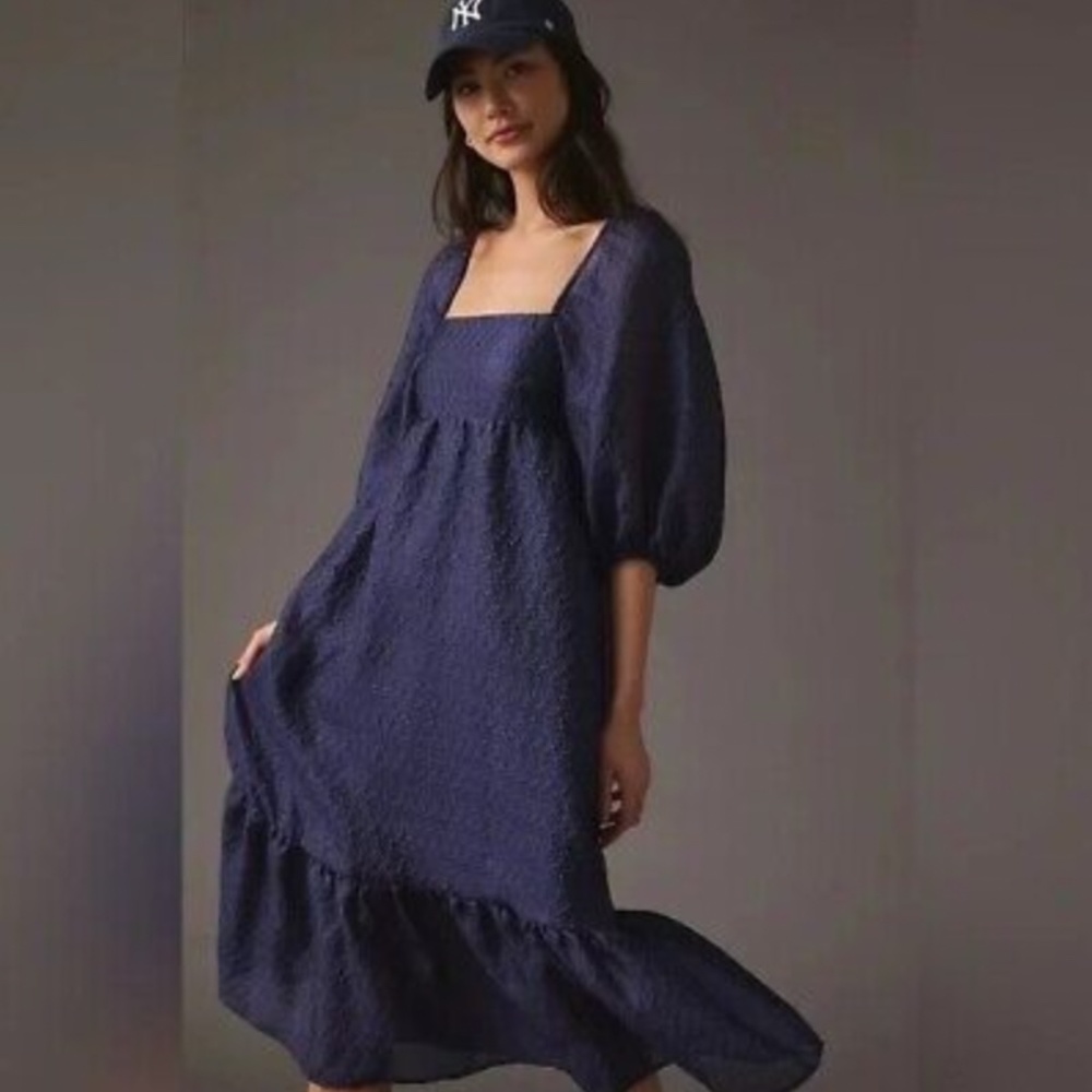 NWT! ANTHROPOLOGIE NAVY BLUE TEXTURED PUFF SLEEVE DRESS - SMALL
